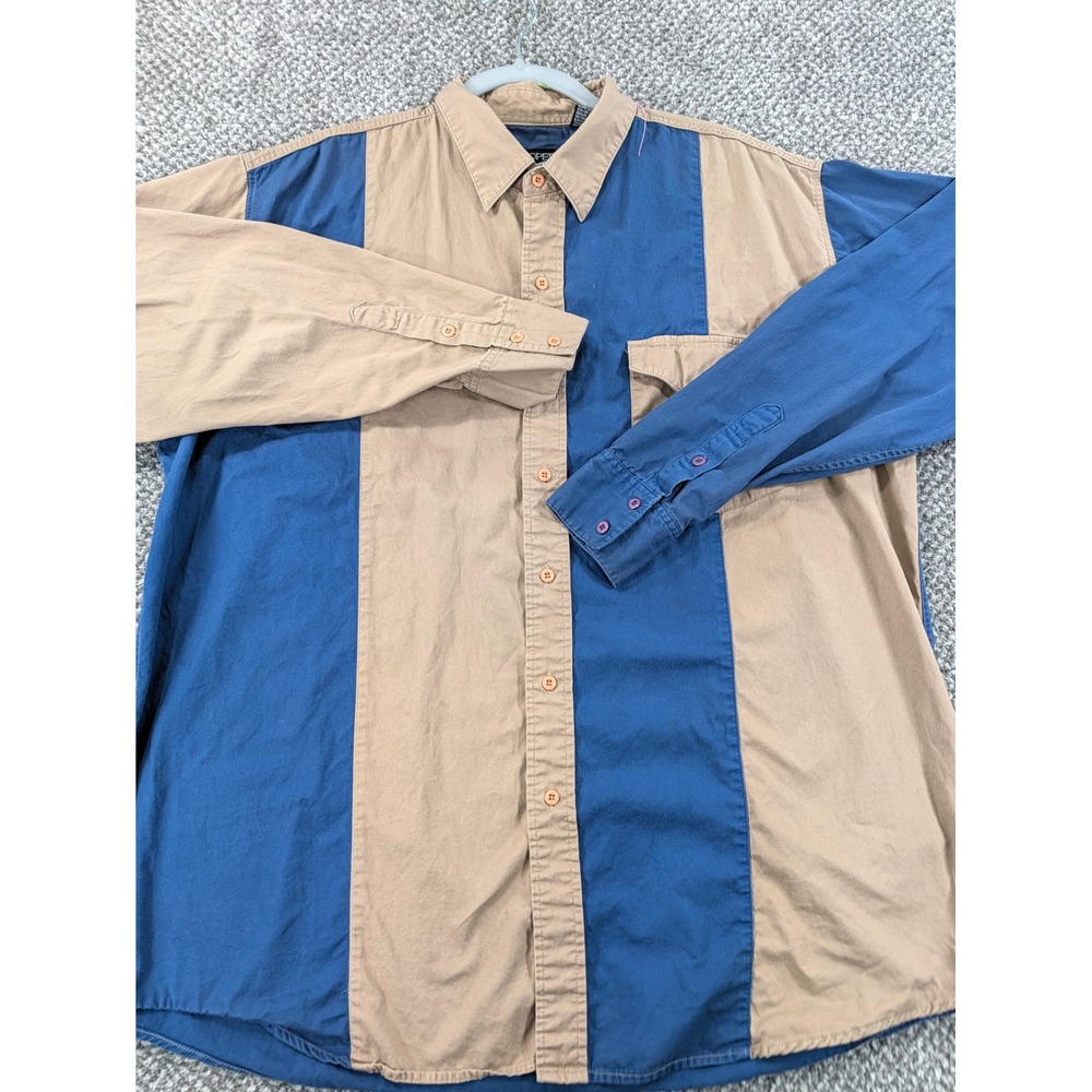 Roper Mens XL Vintage Color Block Western Button Down Shirt Blue Tan Cotton